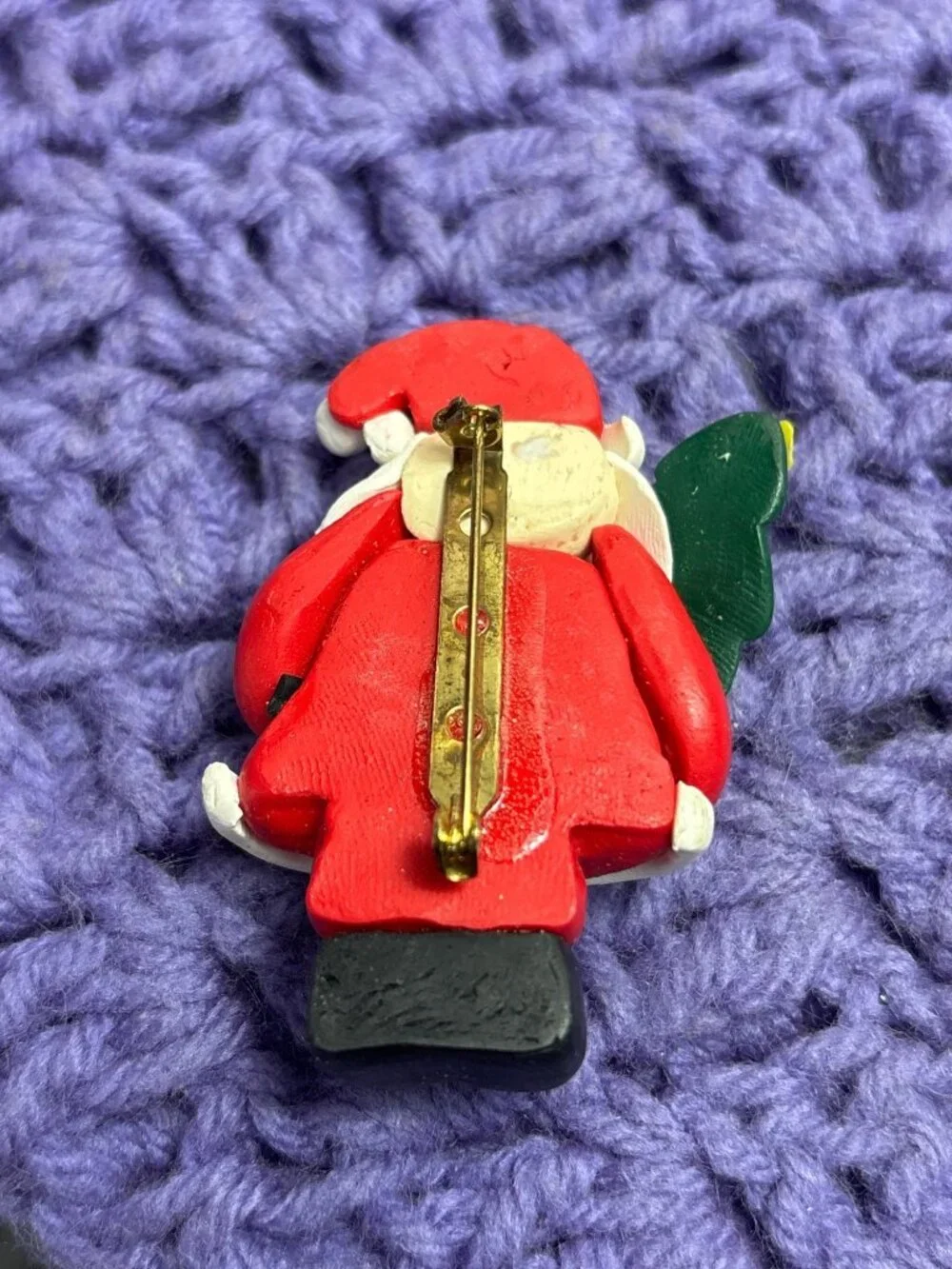 Vintage Clay Santa Claus Brooch Pin Christmas Tree 2.5 inches